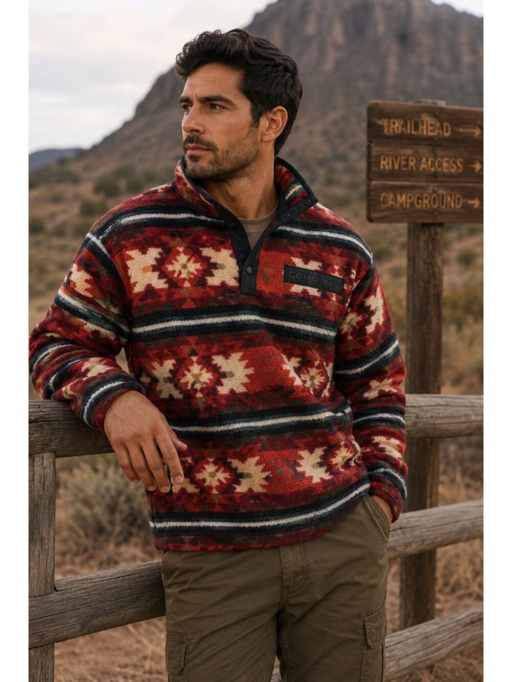 Como Man Men’s Southwest Aztec Fleece 1/4 Snap Pullover Red Size M Gorpcore
